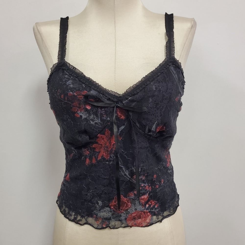 Romwe Womens Whimsigoth Dark Coquette Floral Mesh Babydoll Tank Top Size XS
